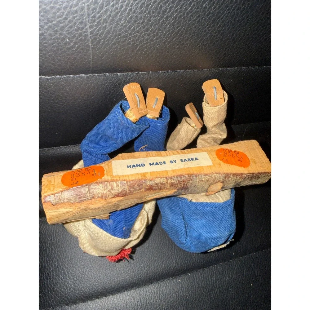 Vintage Sabra Israel‎ Handmade Dolls 1950's on Wood Log Knitting & Flute Player